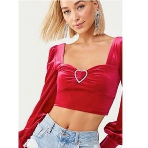 Pink Velvet Puff Sleeves Heart Crop Top